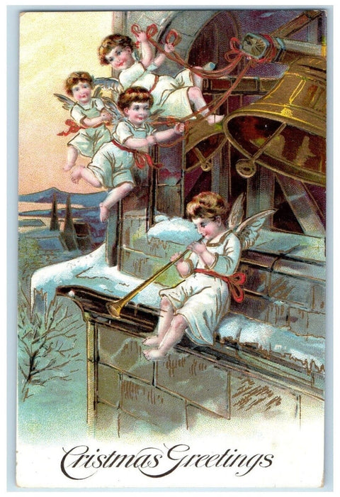 1909 Christmas Greeting Angels Ringing Bell Flute Winter Scene Embossed Postcard