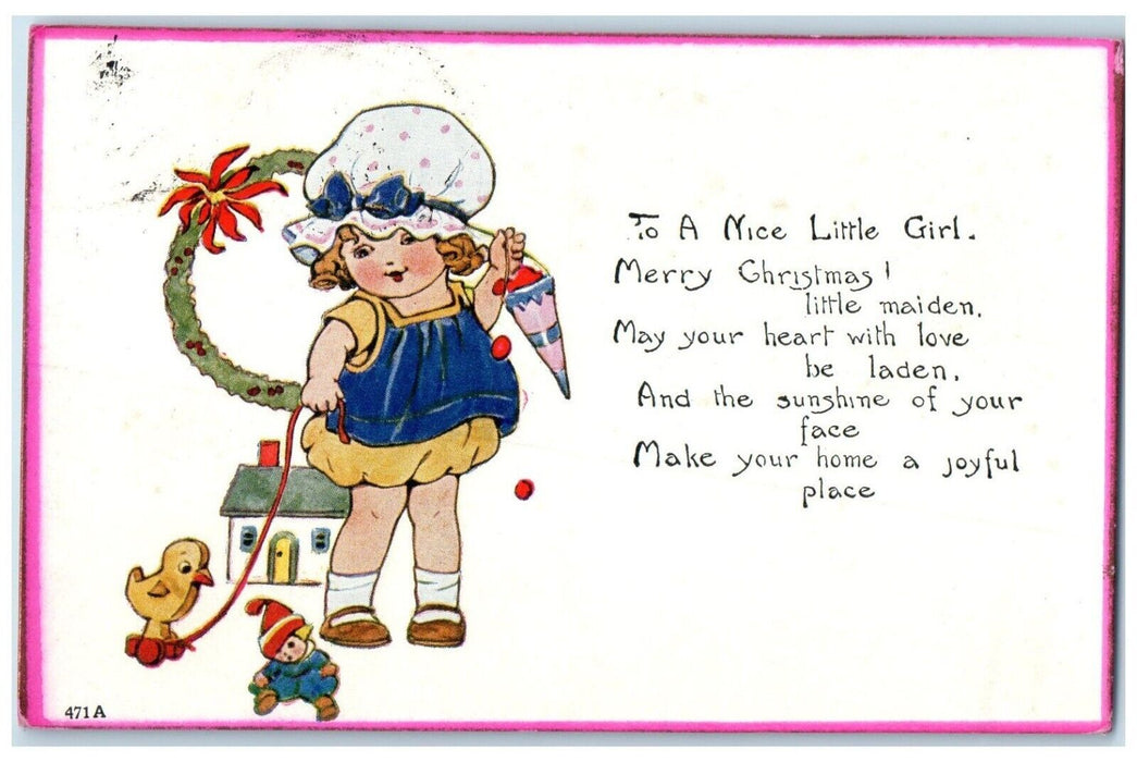 1926 Christmas Girl With Chick Toy Poinsettia Flowers Copenhagen NY Postcard