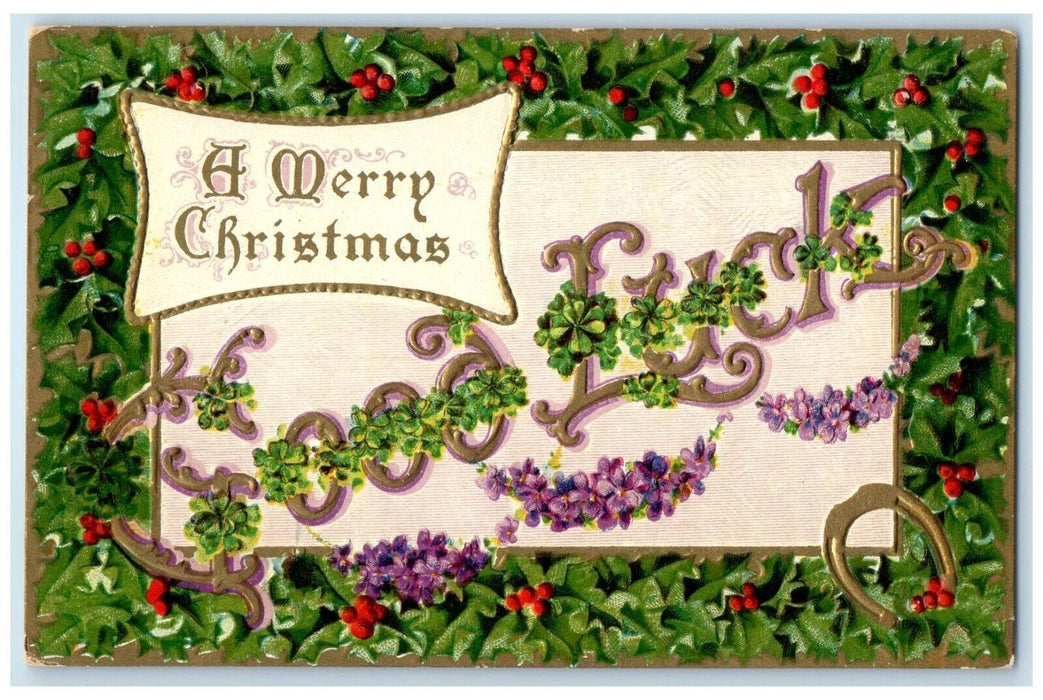 c1910's Christmas Good Luck Clover Holly Berries Embossed Antique Postcard