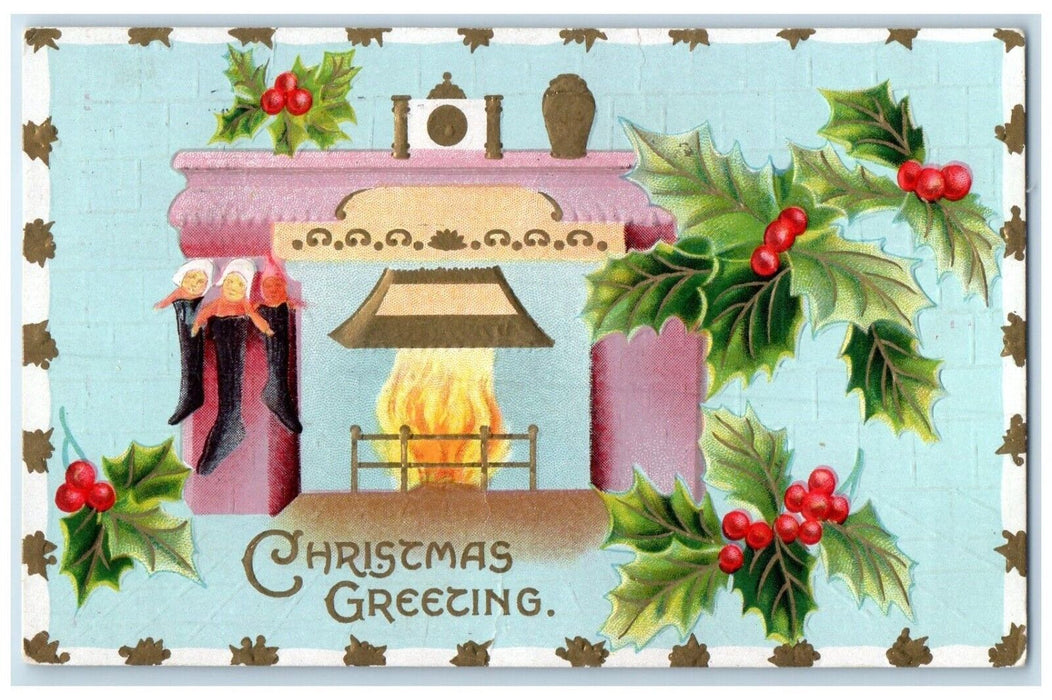 1911 Christmas Greeting Fireplace Berries Embossed San Francisco CA Postcard