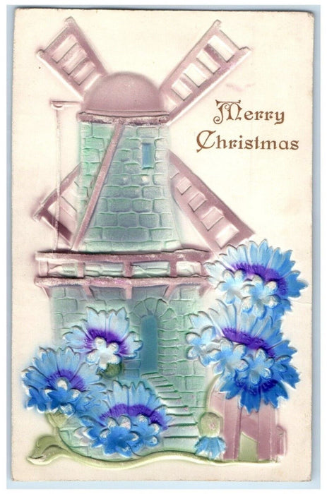 c1910's Christmas Windmill Flowers Airbrushed Embossed Antique Postcard