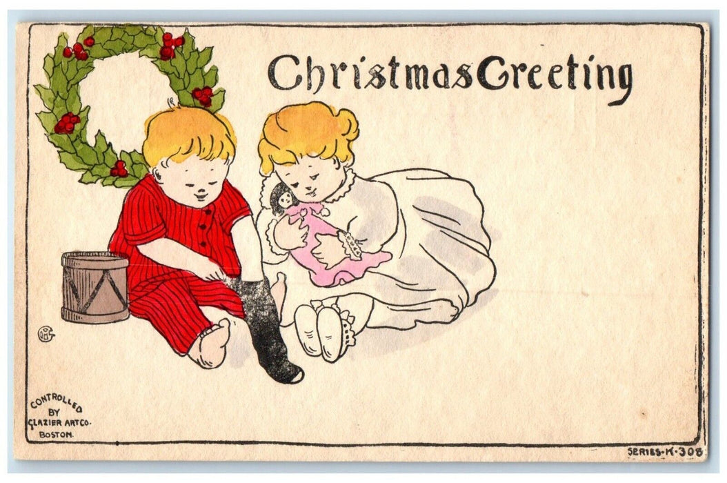 c1905 Christmas Greeting Children Toys In Stocking Berries Whreat Postcard