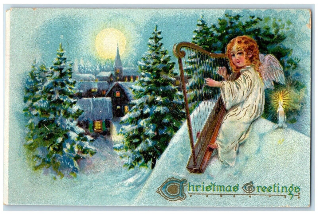 1908 Christmas Greetings Angel Harp Pine Trees And House Church Tuck's Postcard