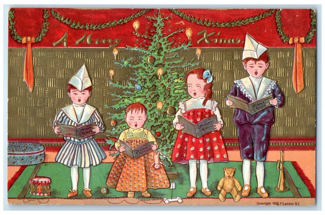 1911 Christmas Tree Children Caroling Bear P. Sander Embossed Antique Postcard