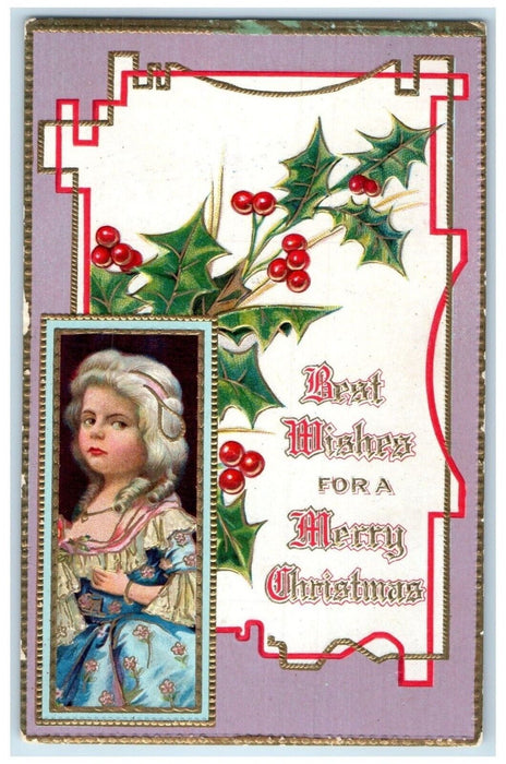 c1910's Merry Christmas Pretty Girl Holly Berries Embossed Antique Postcard