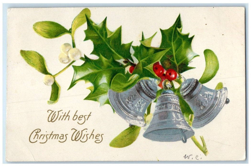 1907 Christmas Ringing Bells Mistletoe Berries Embossed Winsch Back Postcard