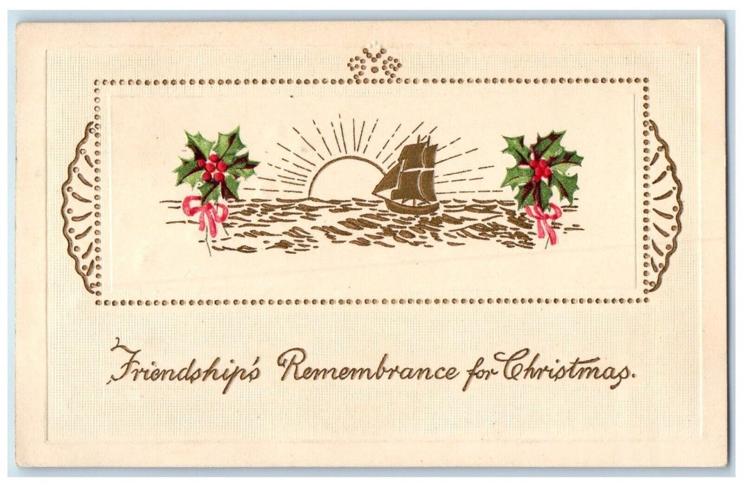 c1910's Christmas Schooner Boat Holly Berries Embossed St. Paul MN Postcard
