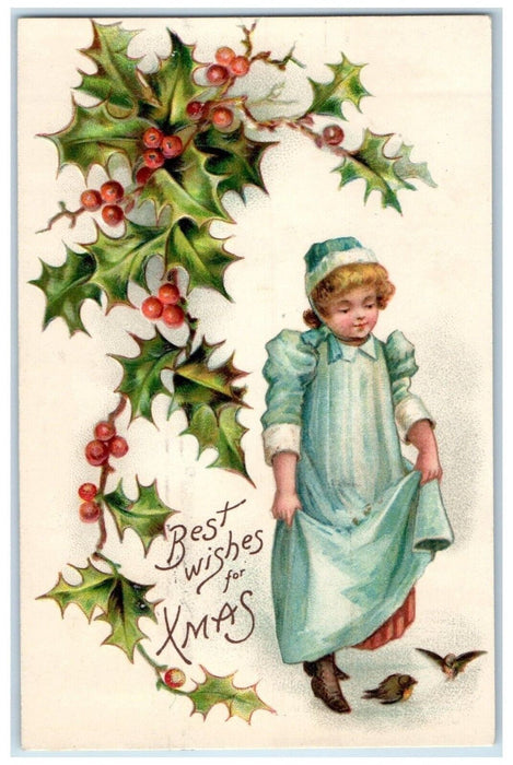 1908 Christmas Girl Birds Holly Berries Embossed Nash Davenport Iowa IA Postcard
