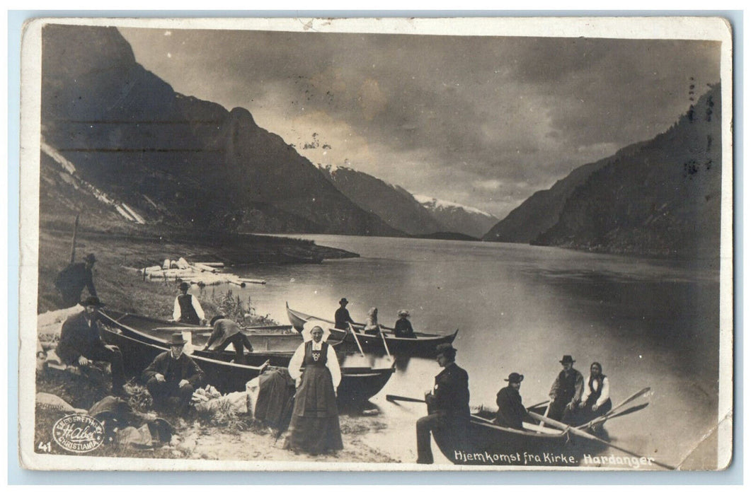 1912 Returning from Church Hardanger Norway Boat Scene RPPC Photo Postcard