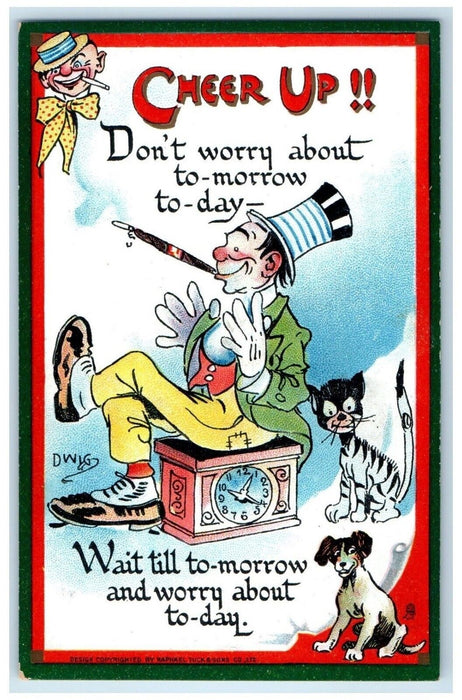 c1910s Cheer Up Man Cigarette Clock Cat Dog Dwig Oilette Tuck's Antique Postcard