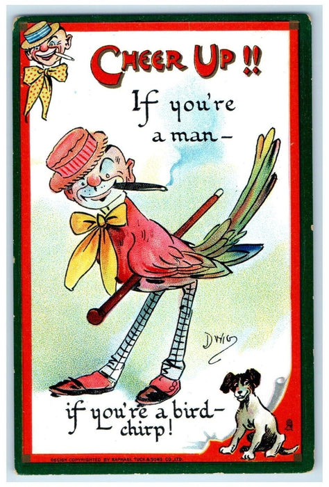 1911 Cheer Up Man Bird Costume Dog Dwig Tuck's Embossed Antique Postcard