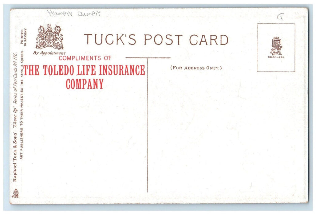 c1910s Cheer Up Anthropomorphic Egg Dog Dwig Tuck's Toledo Insurance Co Postcard