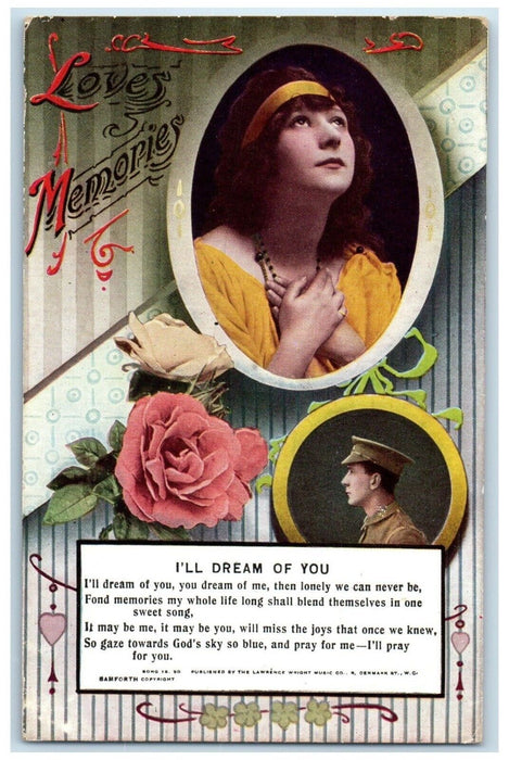 Soldier Romance WWI Love Memories Flowers I'll Dream Of You Bamforth Postcard