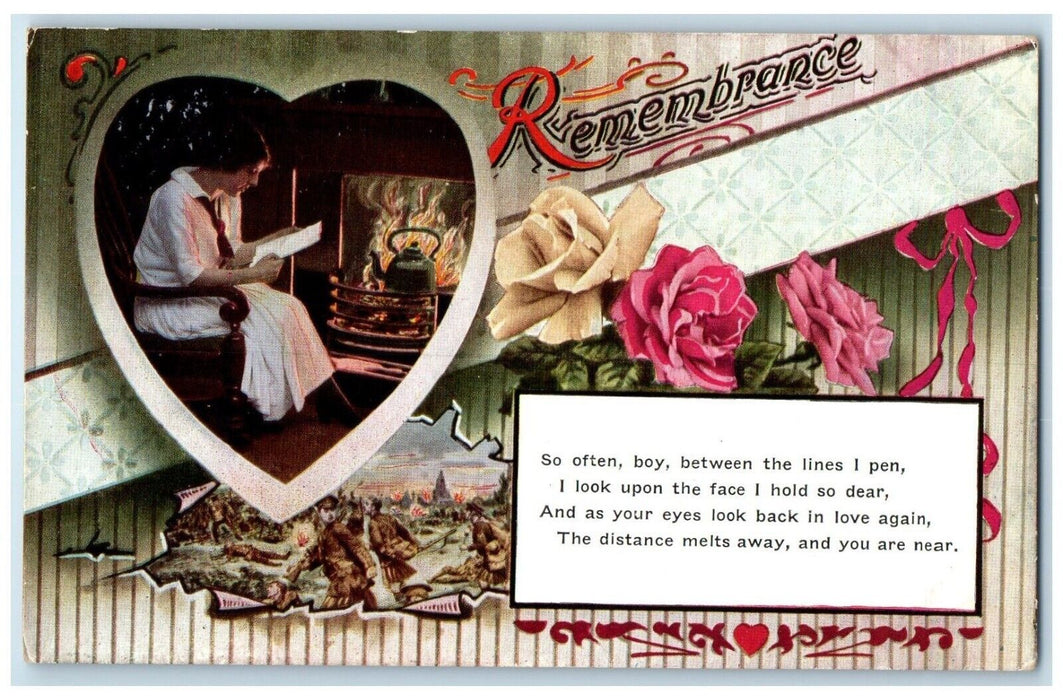 c1910's Soldier Romance WWI Remembrance Roses Flowers Bamforth Antique Postcard