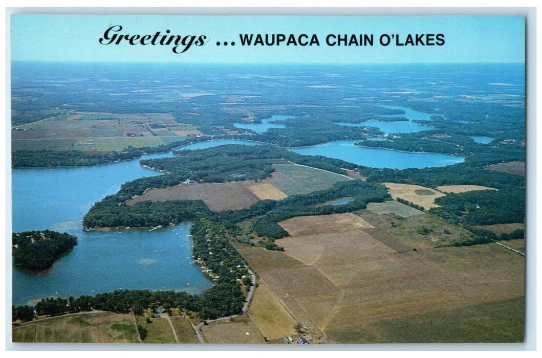 c1960 Birds Eye View Greetings Waupaca Chain O'Lakes Wisconsin Unposted Postcard