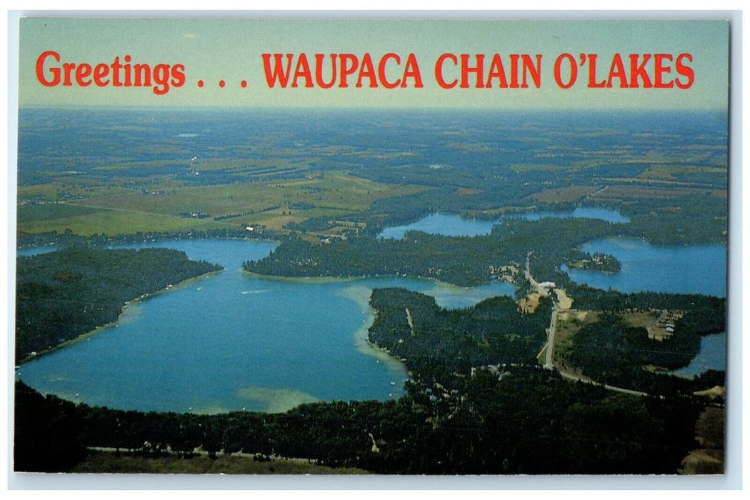 1960 Birds Eye View Greeting Waupaca Chain O'Lakes Wisconsin WI Vintage Postcard