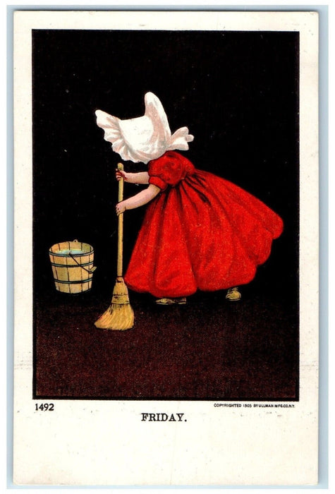 c1910's Friday Girl Dress Red Bonnet Broom And Bucket Ullman Antique Postcard