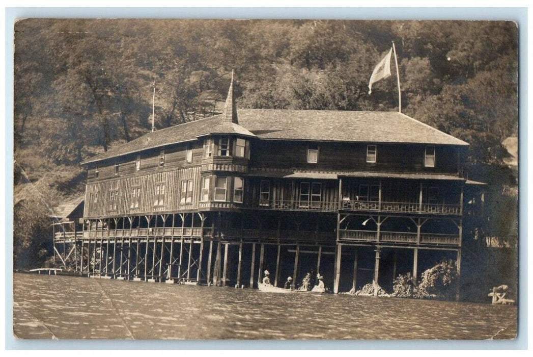 1915 Laurel Dell Hotel Blue Lakes Women In Boat Ukiah CA RPPC Photo Postcard