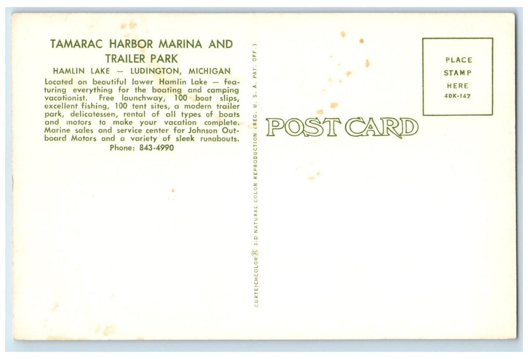 c1960 Tamarac Harbor Marina Trailer Park Hamlin Lake Ludington Michigan Postcard
