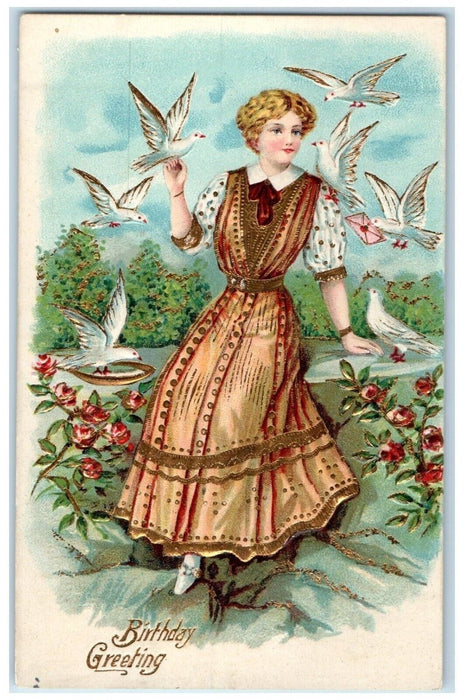 1910 Birthday Greeting Pretty Woman Dove Flowers Embossed Pine Glen PA Postcard