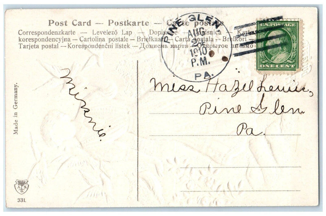 1910 Birthday Greeting Pretty Woman Dove Flowers Embossed Pine Glen PA Postcard