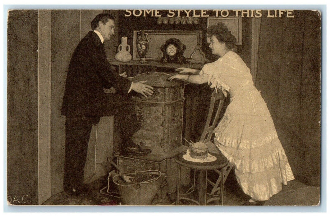 1913 Couple Romance Stove Living Room Hillsboro Virginia VA Antique Postcard