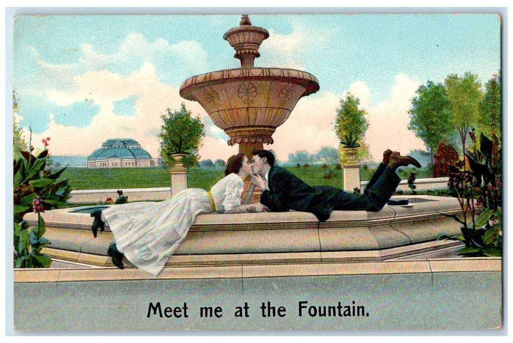 c1910's Couple Kissing Romance Meet Me At The Fountain Posted Antique Postcard