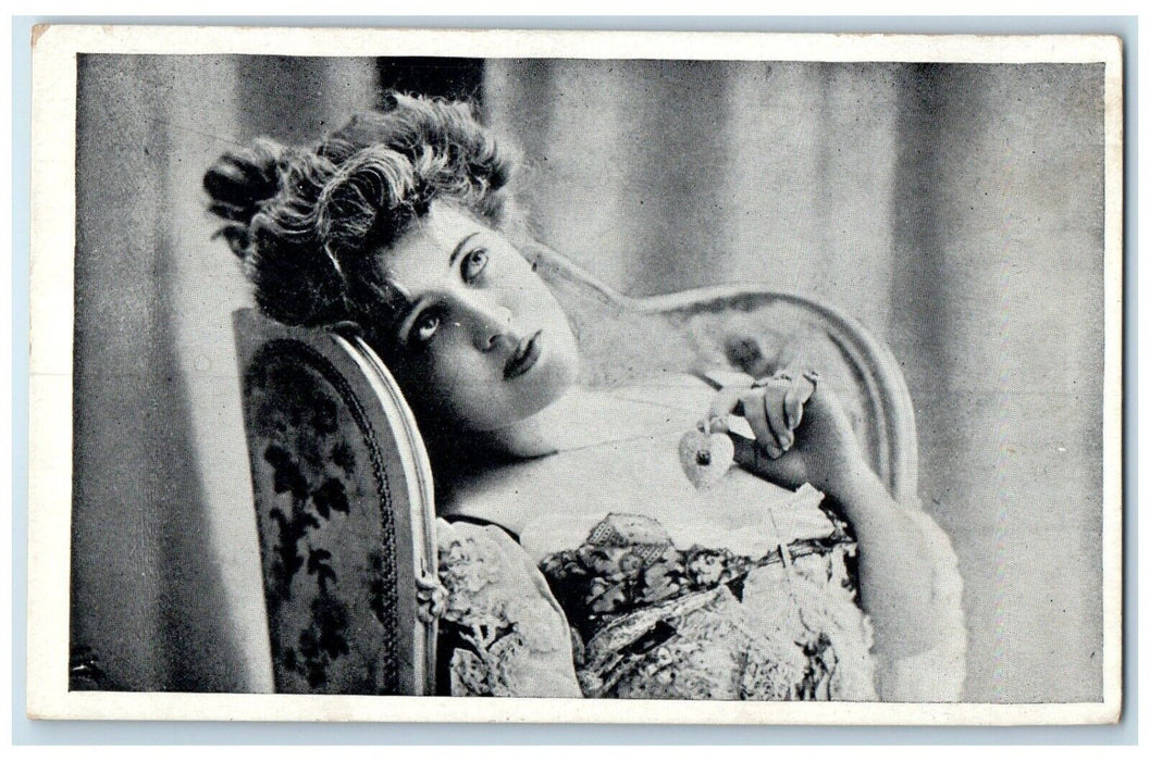 1901 Pretty Woman Curly Hair Sat On Chair Holding Heart Bling Antique Postcard