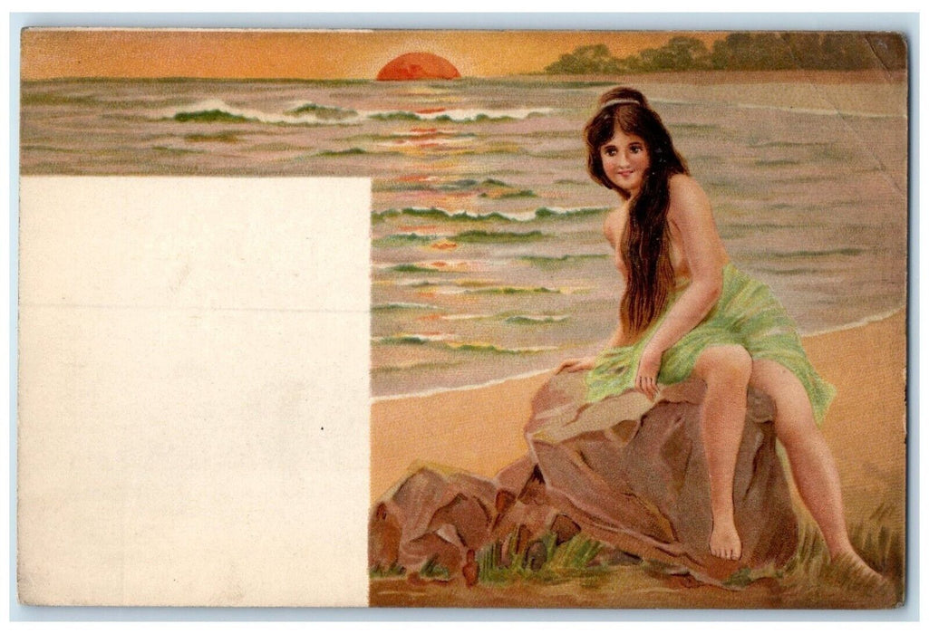 c1905 Pretty Woman Half Nude Long Hair Sat On Big Rock Beach Surf Postcard