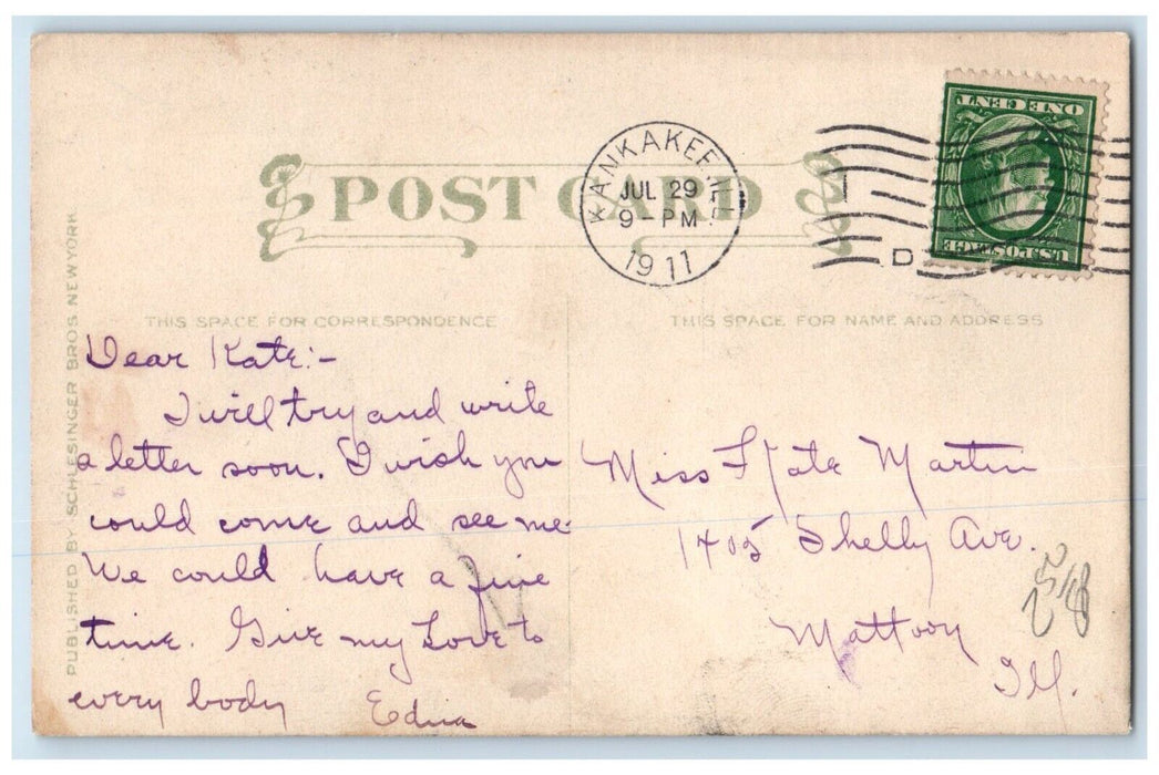 1911 Victorian Pretty Woman Big Hat Feather Kankakee Illinois IL Posted Postcard