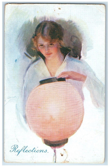 c1910's Pretty Woman Holding Reflections Lantern Posted Antique Postcard