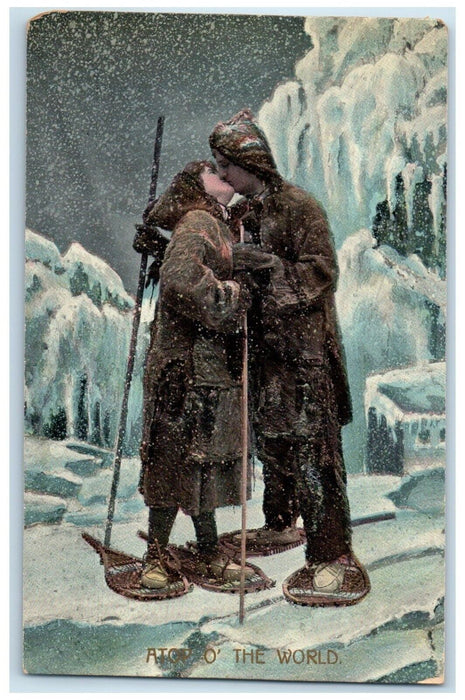 c1910s Sweet Couple Romance Kissing Winter Snow Shoes Fantasy Norton OH Postcard