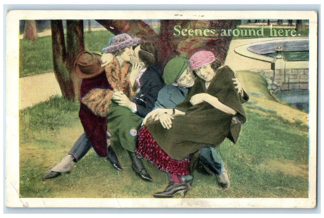 1922 Sweet Couple Kissing Romance Scenes Around Here Lowville NY Posted Postcard