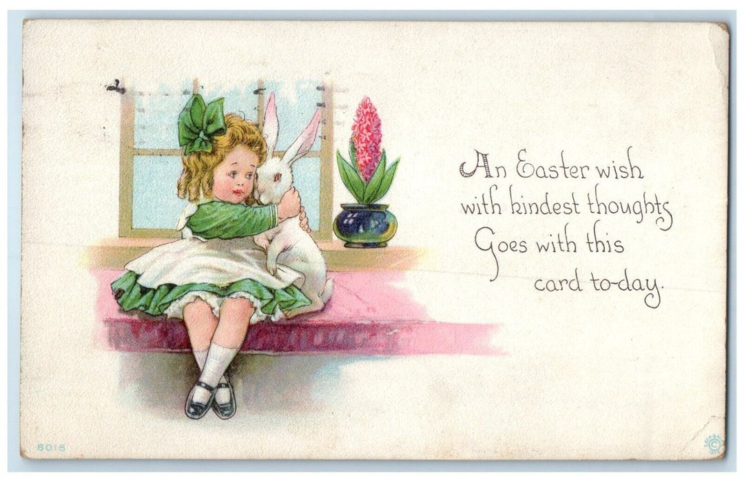 1910 Easter Wish Little Girl Bunny Rabbit Hugging Detroit MI Antique Postcard