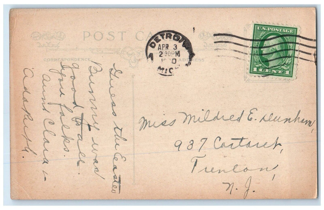 1910 Easter Wish Little Girl Bunny Rabbit Hugging Detroit MI Antique Postcard