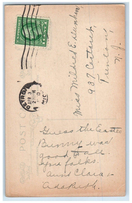 1910 Easter Wish Little Girl Bunny Rabbit Hugging Detroit MI Antique Postcard