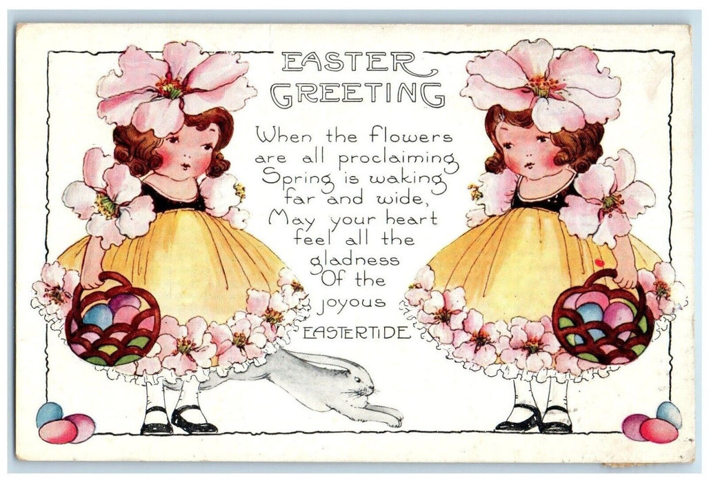 1921 Easter Greeting Little Girl Floral Dress Eggs Basket Bunny Rabbit Postcard