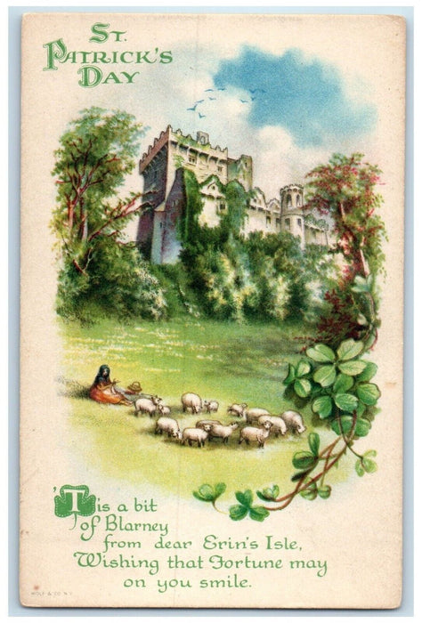 c1910's St. Patrick's Day Woman Sheep Clover Wolf Unposted Antique Postcard