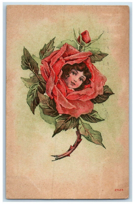 1909 Woman Head In Red Rose Flowers Albany New York NY Posted Antique Postcard