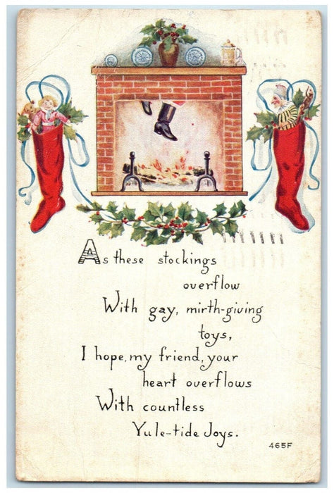 1916 Christmas Hanging Stockings Toys Fireplace Cleveland Ohio OH Postcard