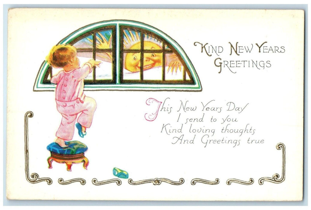 c1910's New Year Greetings Little Kid On Window Anthropomorphic Sun Postcard