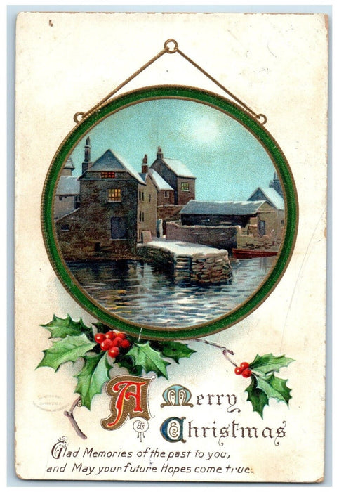 c1910's Christmas Holly Berries House River Boat Embossed Clapsaddle Postcard