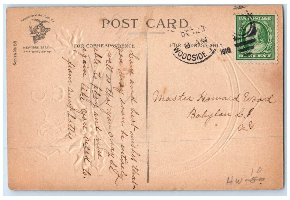 c1910's Christmas Holly Berries House River Boat Embossed Clapsaddle Postcard