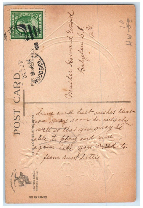 c1910's Christmas Holly Berries House River Boat Embossed Clapsaddle Postcard