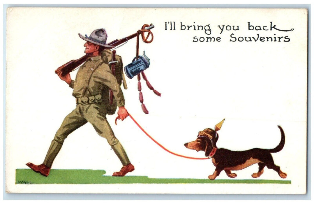 c1910's Military Soldier Dachshund Dog Wall WWI Germany Posted Antique Postcard