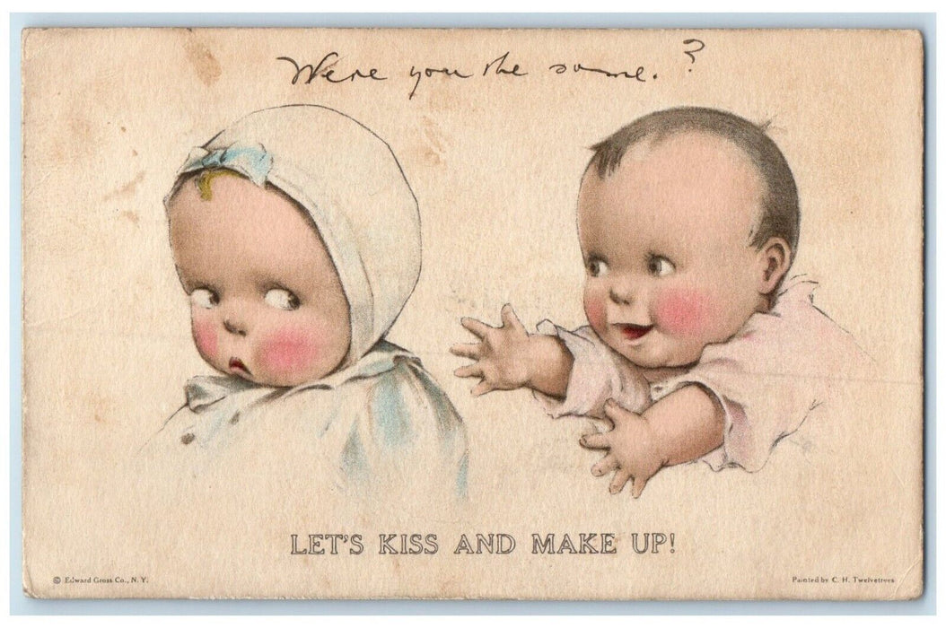 c1910's Cute Babies Let's Kiss And Make Up Birmingham England UK Posted Postcard