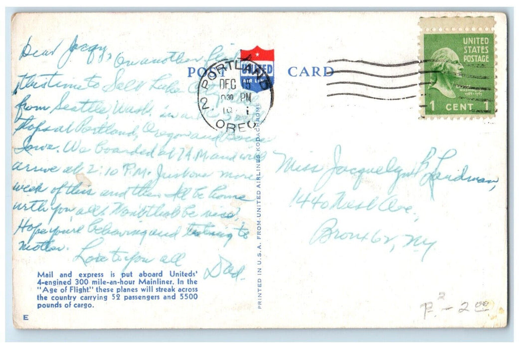 1941 United Air Lines Airplane Mail And Express Portland Oregon OR Postcard