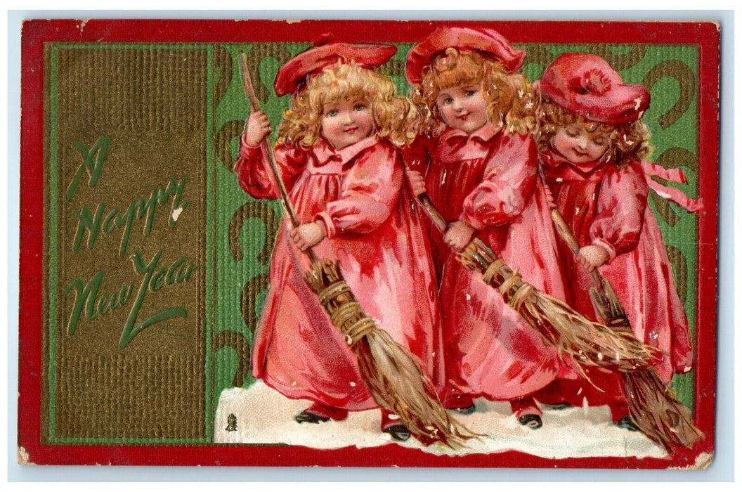 1908 Happy New Year Cute Little Girls Broom Embossed London OH Tuck's Postcard