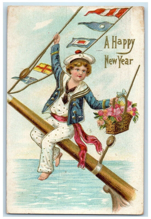 1908 New Year Sailor Holding Flowers Basket Embossed New York City NY Postcard