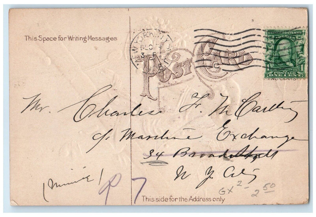 1908 New Year Sailor Holding Flowers Basket Embossed New York City NY Postcard